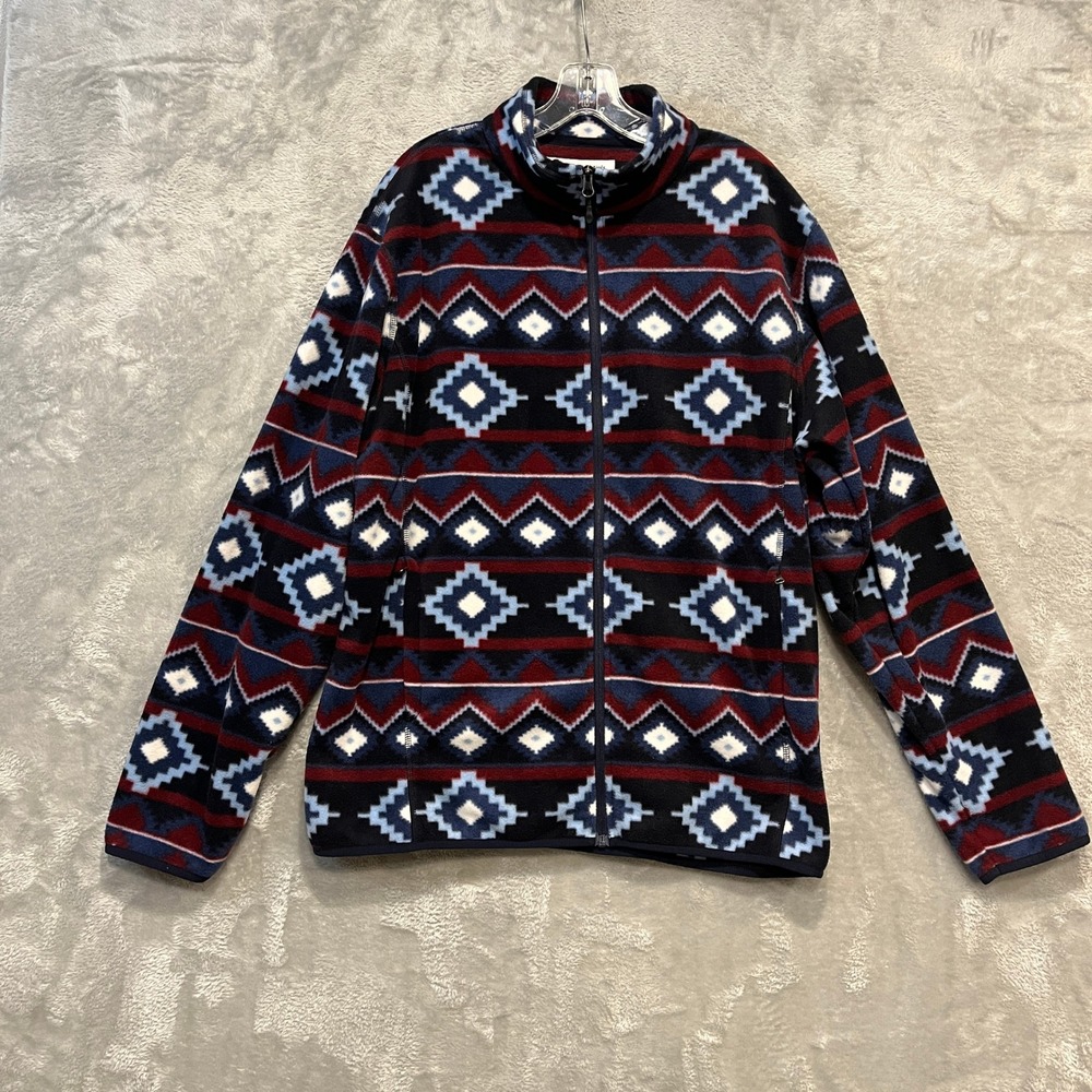 Amazon Essentials Fleece Jacket Men XL Blue Burgundy Southwestern Geometric Zip